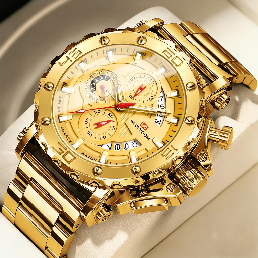 Men Multifunctional Sports Timing 46mm Clock Silver Stainless Steel Strap Fashion Luminous Dial Waterproof Quartz Watch for Men