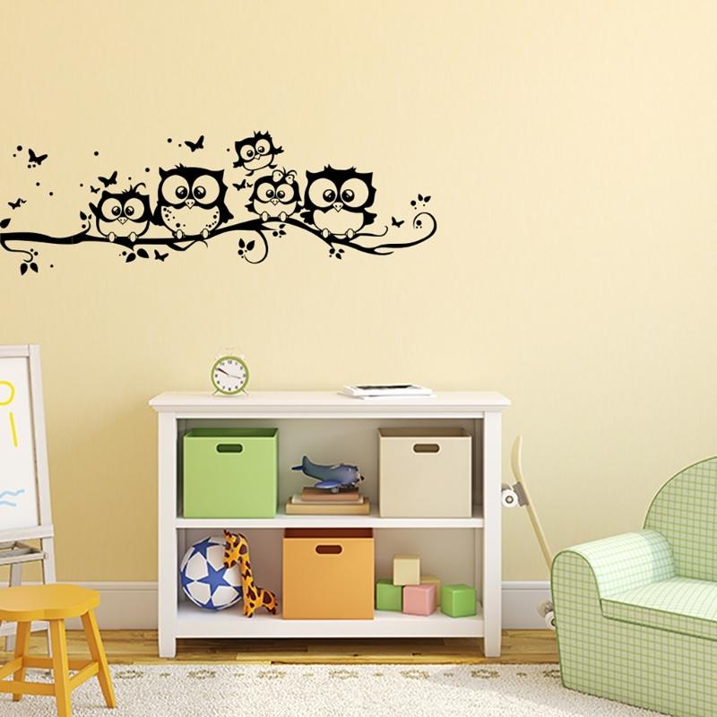 Living Room Accent Wall Owl On Tree Branch Decal, PVC Adhesive Wall Sticker, Removable Wall Art Decors for Smooth Surfaces
