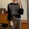 Fake Two Bubble Sleeve French Sweater Women's Autumn/Winter Striped Unique Long Sleeve Top