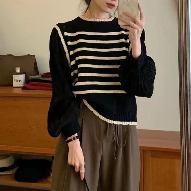 Fake Two Bubble Sleeve French Sweater Women's Autumn/Winter Striped Unique Long Sleeve Top
