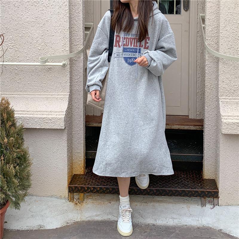 Harajuku Wind Mid-length Sweater Female Ins Striped Long-sleeved Dresses Winter Loose Over The Knee Padded Fashion Retro Versatile Sweatshirt