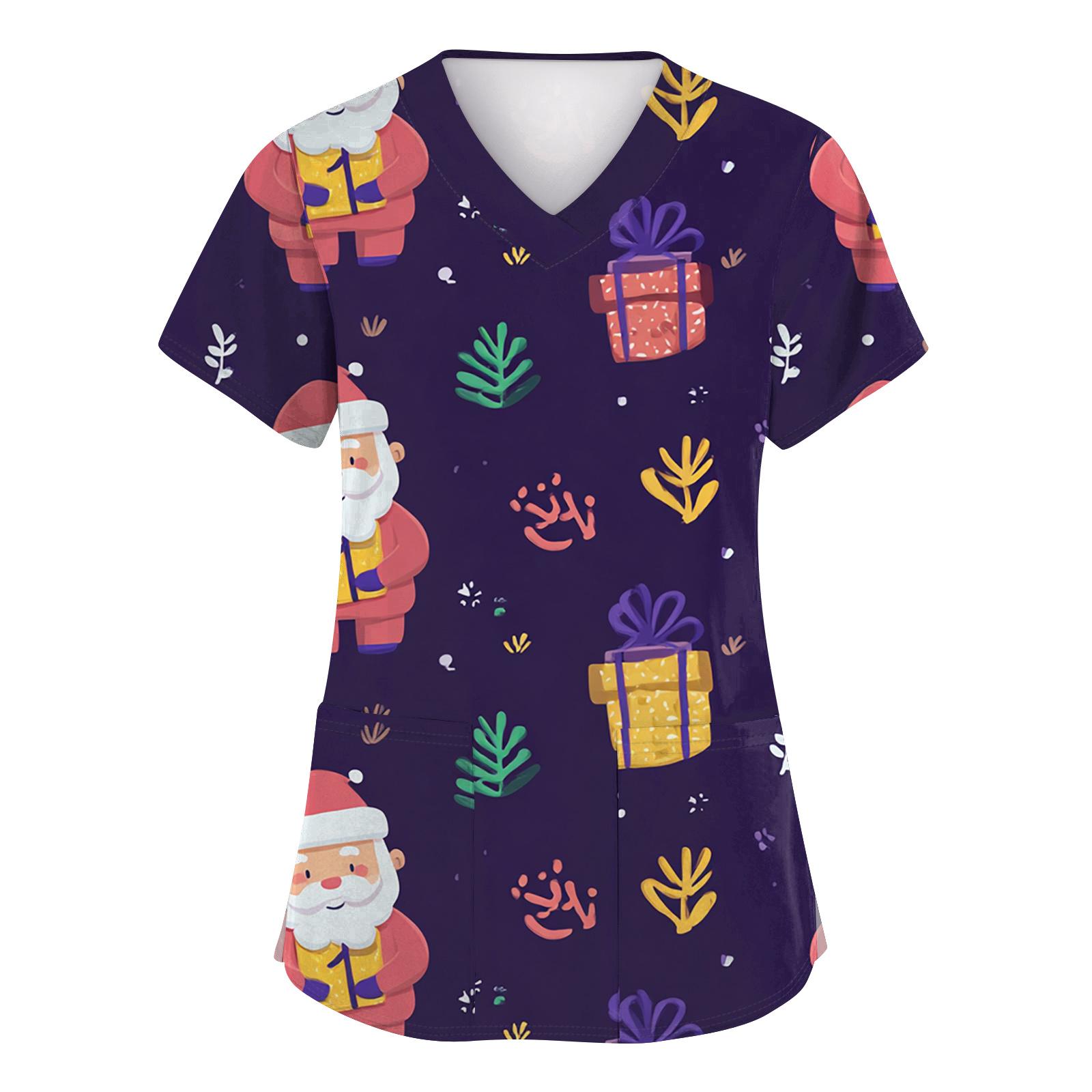 

Женские модные топы с коротким рукавом, рождественским принтом, V-образным вырезом, карманом, рабочая одежда L