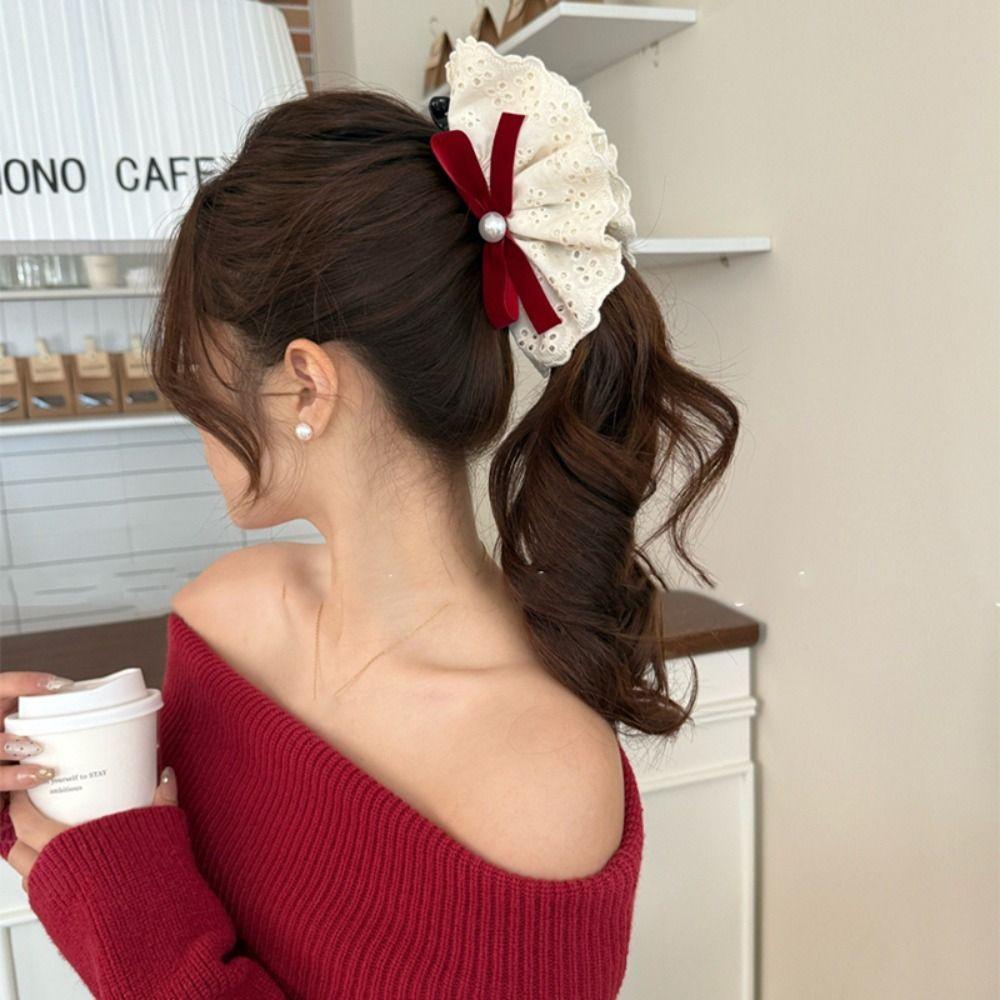 Hair Clips Bowknot Banana Clip Pearl Lace Bow Hairpin Red Velvet Bow Hair Clip Autumn and Winter