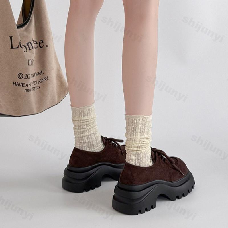 Retro Solid Low Top Thick Soled Lace Up Single Shoes for Women's  Autumn New Fashion Versatile Comfortable Platform Loafers