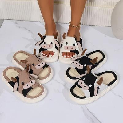 Fashion Linen Platform Slippers Women Home Cute Elegant Designer Shoes Ladies 2024 Fashion Cow Cartoon Casual House Slides Soft Big Size