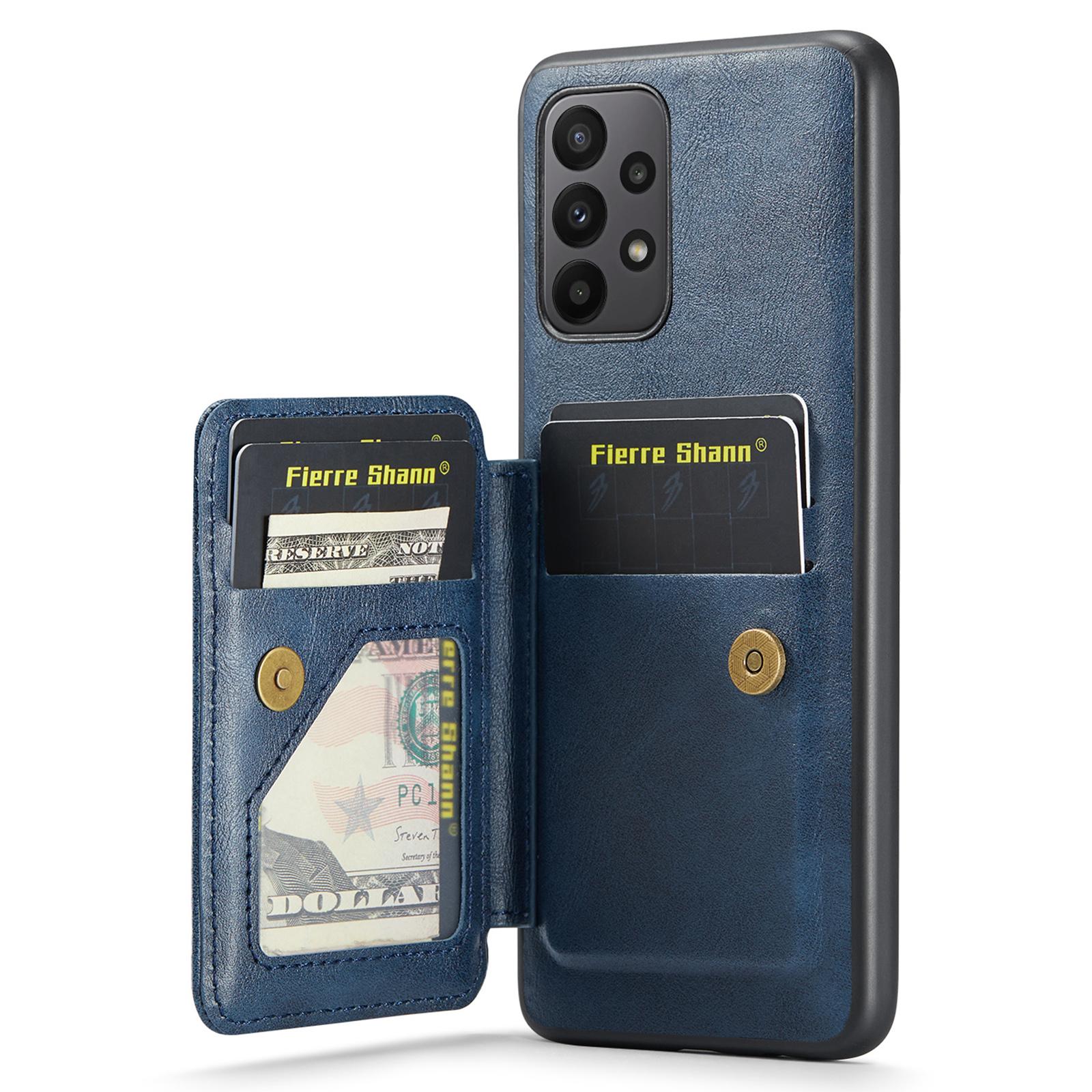 

For Samsung Galaxy A23 4G Case Leather+TPU Phone Cover Built-in Magnetic Holder Metal Sheet Blue