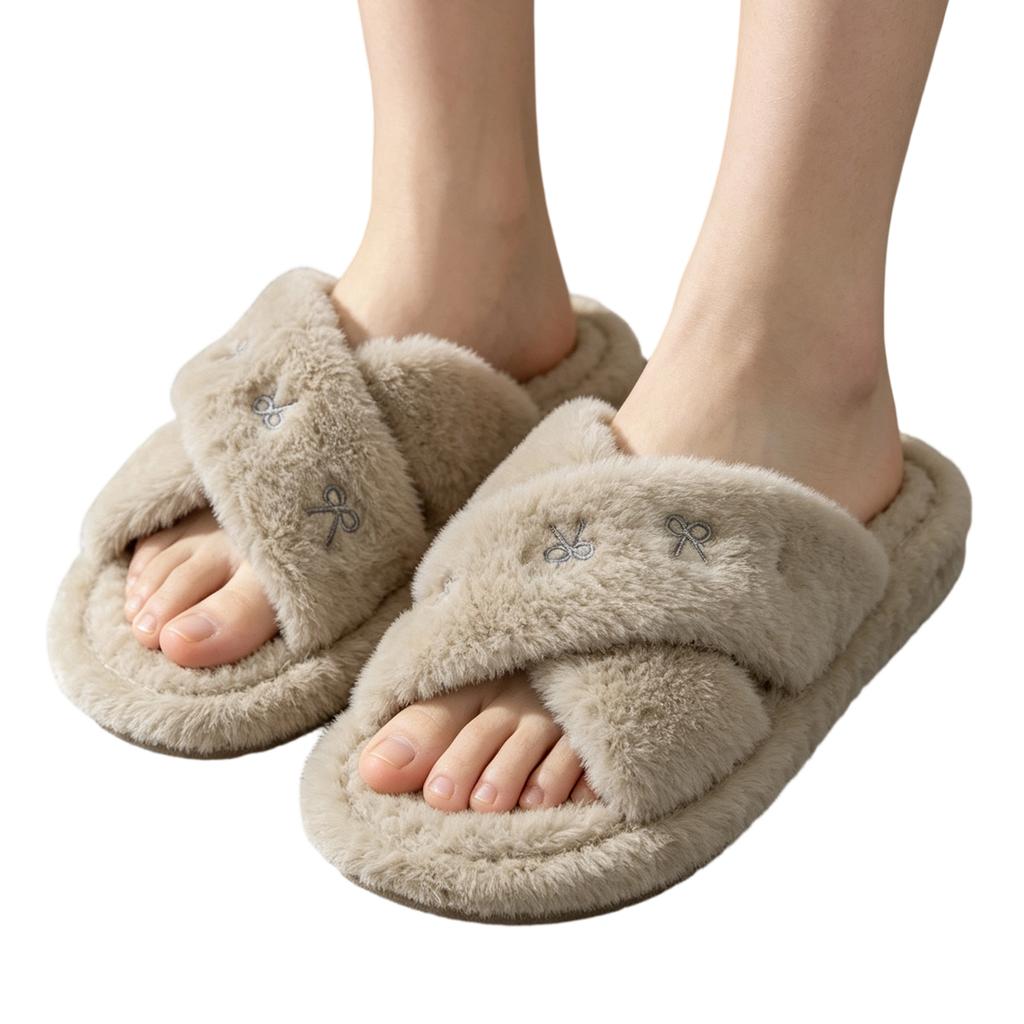 Women's Plush Slippers with Cross Flowers and Embroidery for Indoor Use