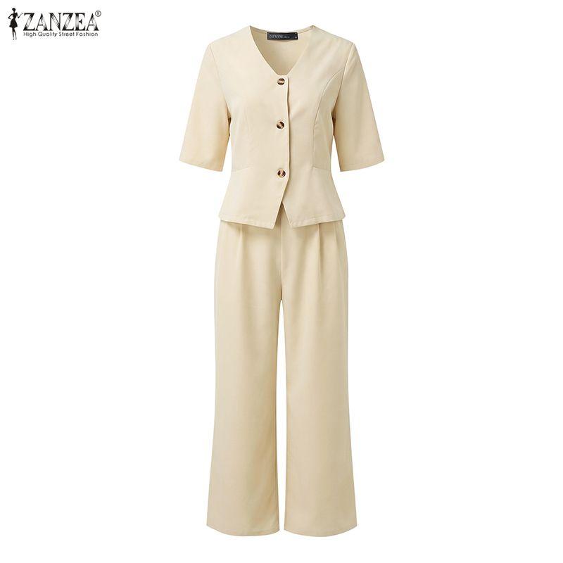 ZANZEA Women Short Sleeve Blouse and Cropped Pants Classic Two Piece Suit Sets