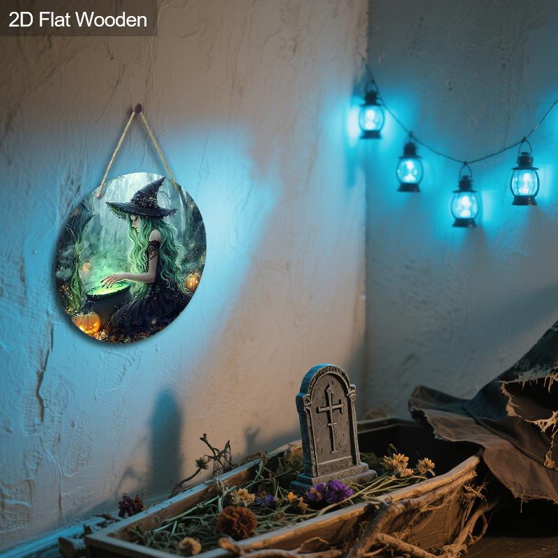 2D Flaches 1-teiliges Halloween-Dekoschild aus Holz, Schönes Hexenmuster-Design, Wandbehang-Dekor, Ideales festliches Halloween-Geschenk