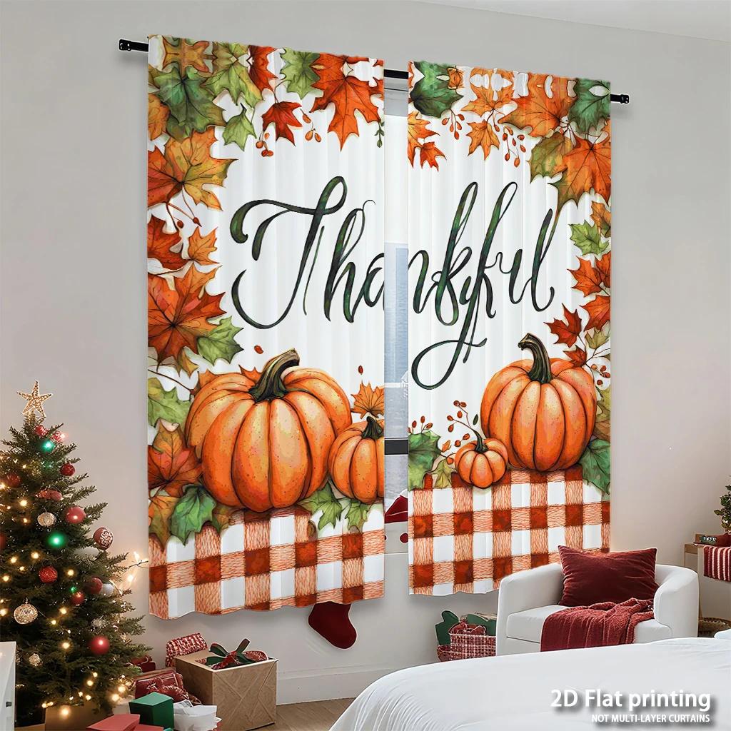 Stück Set Hochauflösende Digital Gedruckte VorhängeErntedankfest Aquarell Kürbisse Karierte Tischdecke HerbstblätterHeim Vorhänge Hergestellt Aus Polyester