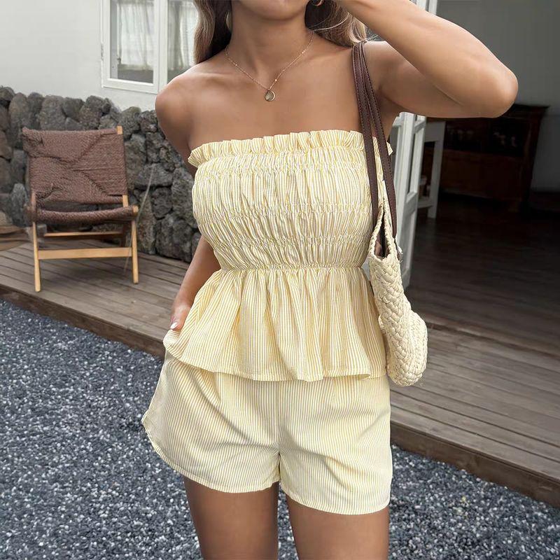 Western Style New Fashion Stripe Print Tube Top Top Shorts Two-Piece Set Top and Shorts Set