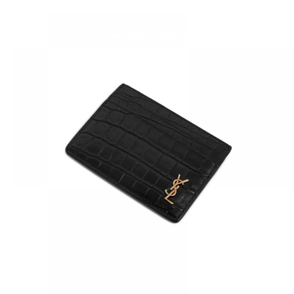 Saint Laurent 607603 Dze0w 1000 Tiny Monogram Krokodil-Prägung Goldfarbener Kartenhalter