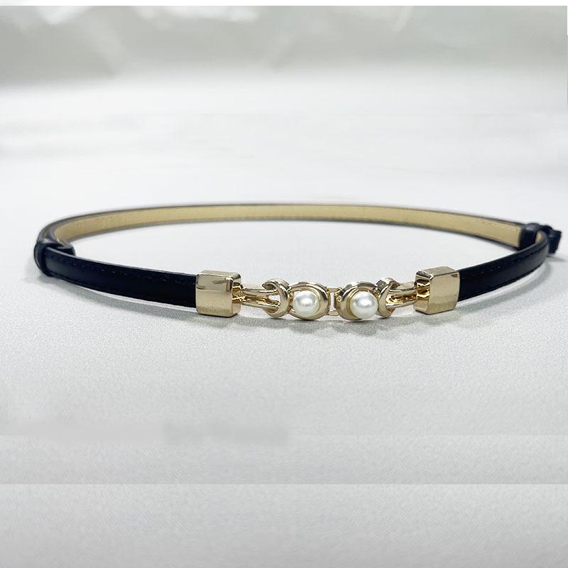 Black Mirrored Pearl-Embellished Adjustable Belt for Women's Suit Dress