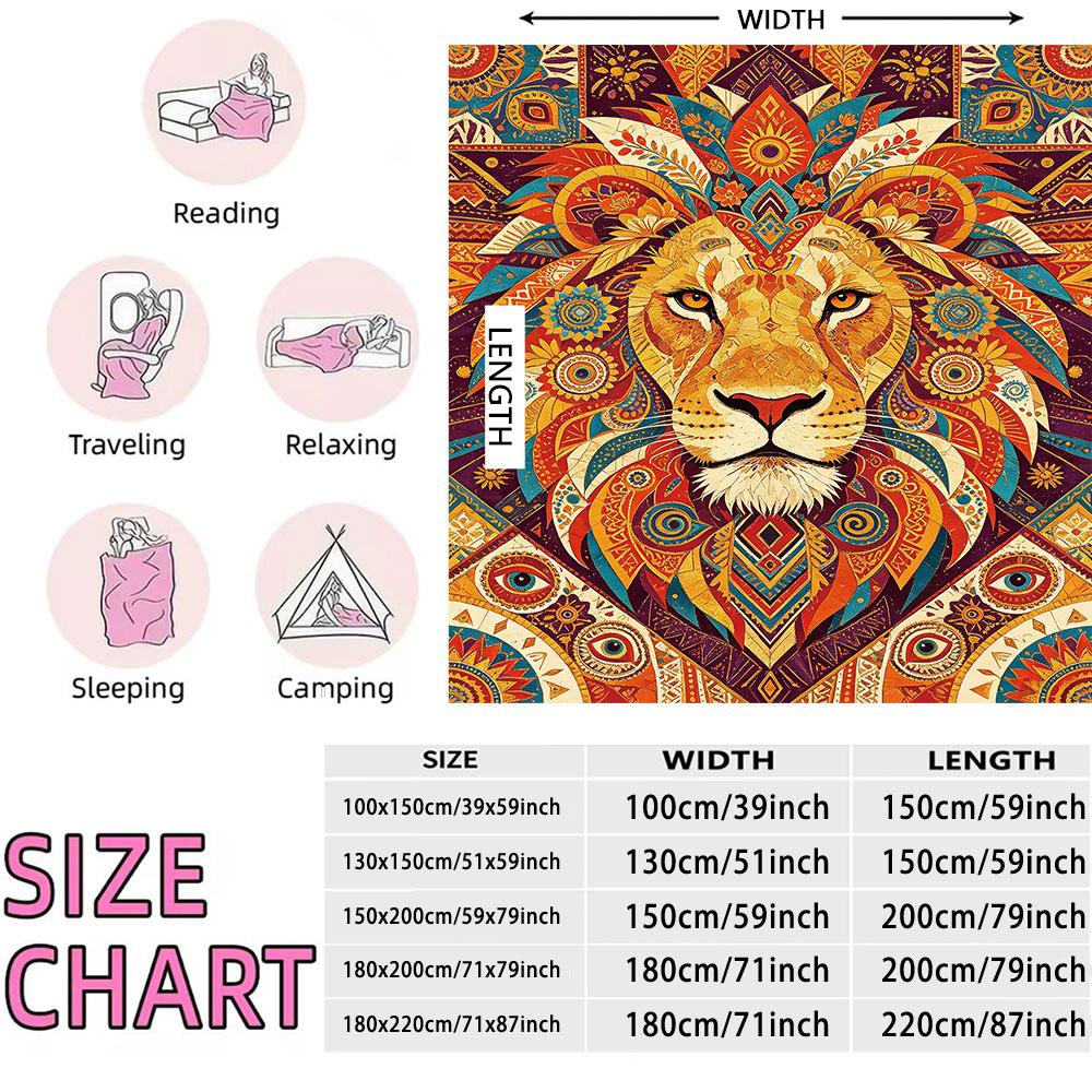 1pc Ethnic Retro Lion Print 230g Flannel Blanket, Soft Cozy Throw Blanket For Sofa Leisure And Relaxing Nap Time