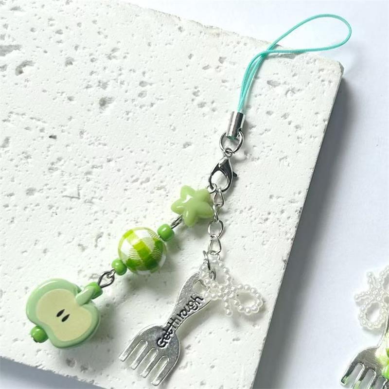 Søt Søt Grønt Eple Stjerne Sløyfe Perler Nøkkelring Anheng Mobiltelefonstropp Lanyard Ryggsekk Sjarm Veske Hengende Ornament Jentete Gave