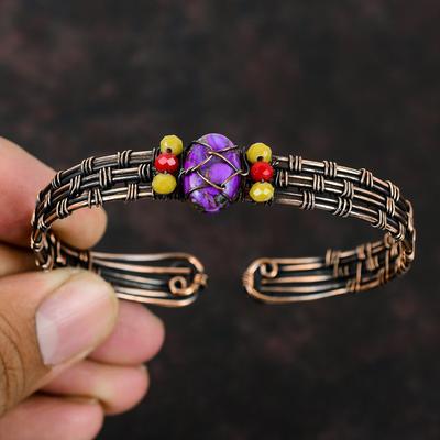 Lila Türkis Armreif Gelbe Koralle & Rote Koralle Perlen Armreif Kupferdraht Umwickelt Handgefertigter Schmuck Verstellbarer Armreif Edelstein Armreif