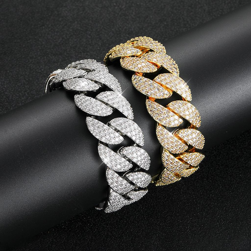 BES Fashion Gold Plated Chunky 22mm Miami Bubble Cuban Chain Bracelet Iced Out Baguette Zirconia Cuban Link Bracelet for Men