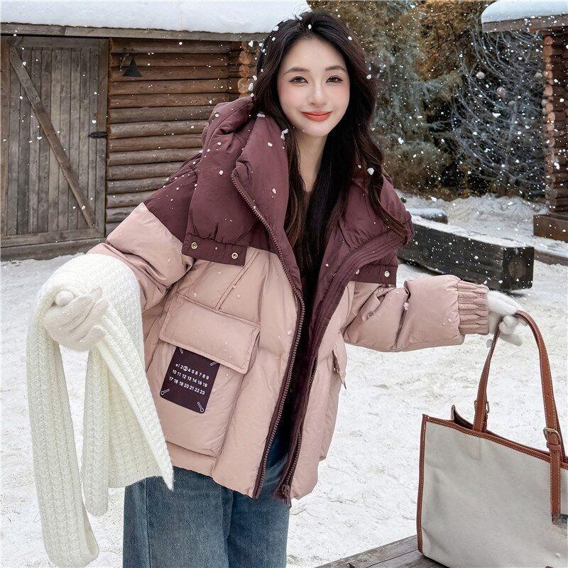 Winter Women Color Block Patchwork Hooded Cotton Jacket Short Korean Style Coat