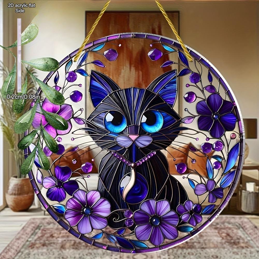 Cat & Purple Floral Theme Sun Catcher Acrylic Hang Sign, Nurseries, Vintage Home Decor Wall for Bar Kitchen, Restaurant Shop Wall Decor, Garden Decor