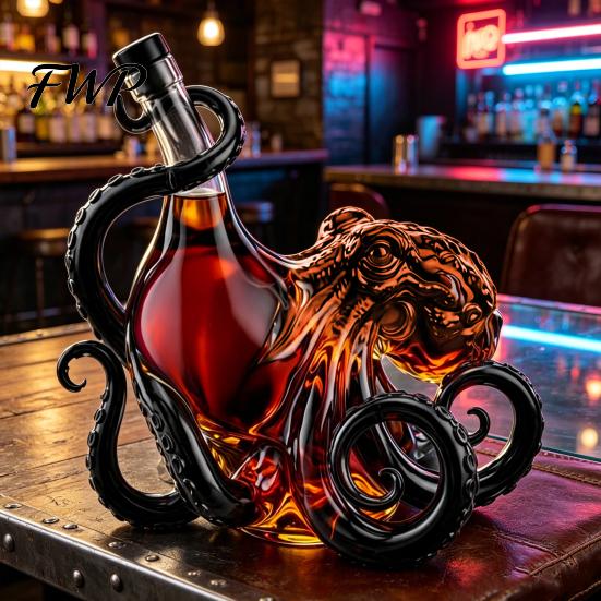 Octopus Wine Bottle 3D Whiskey Decanter, Nautical Art Collectible Bottle, 350ml Glass Unique Design Decorative Liquor Home Bar Decanter for