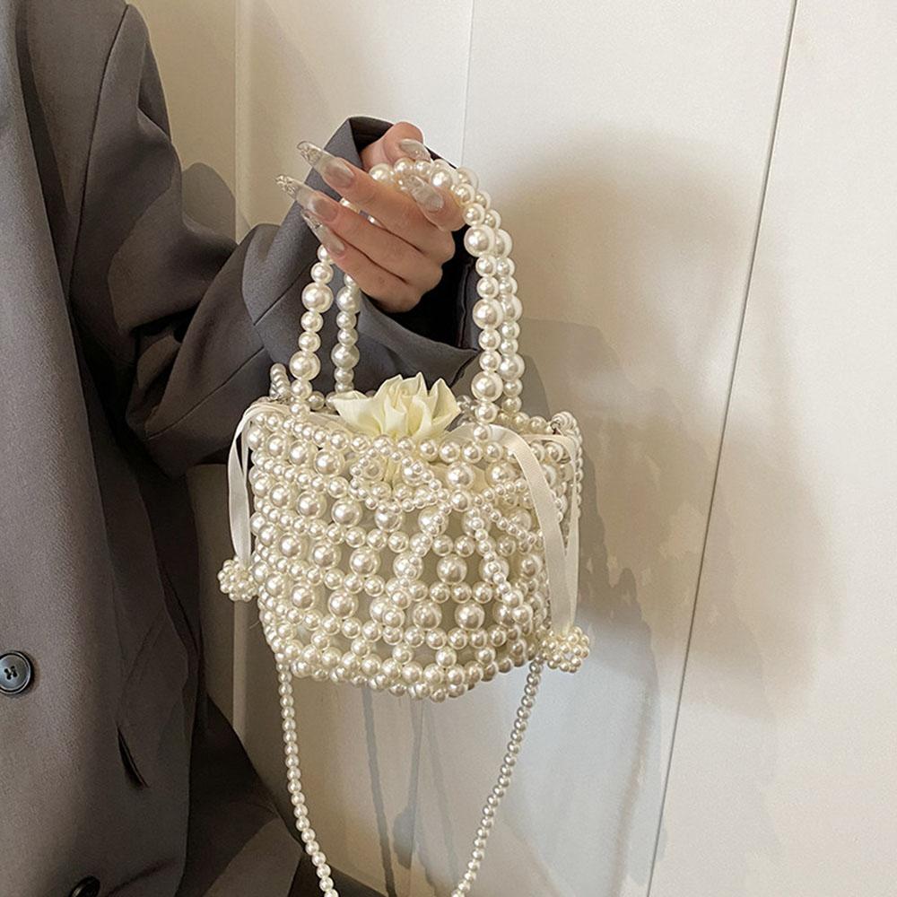 Nuova Borsa Secchiello Intrecciata con Perline Moda Primavera Estate Borsa a Tracolla da Donna Eleganti Borse a Mano con Perle Borse a Spalla Casual Quotidiane