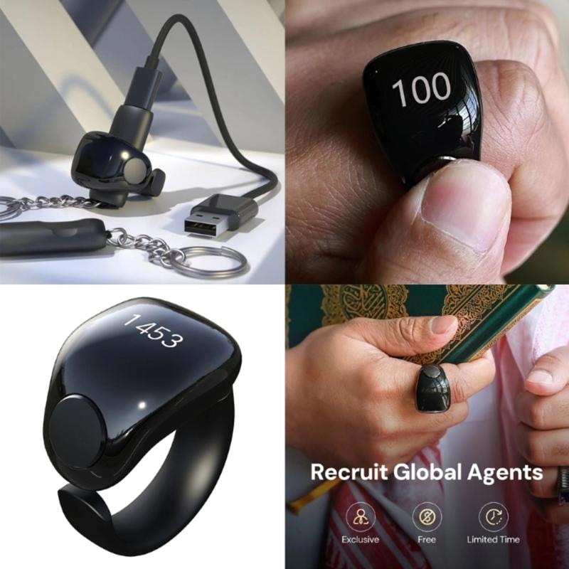 Intelligent Tasbih Rings With Digital Screen 5 Interchangeable Size Support Wireless Charging and Daily Prayer Reminders