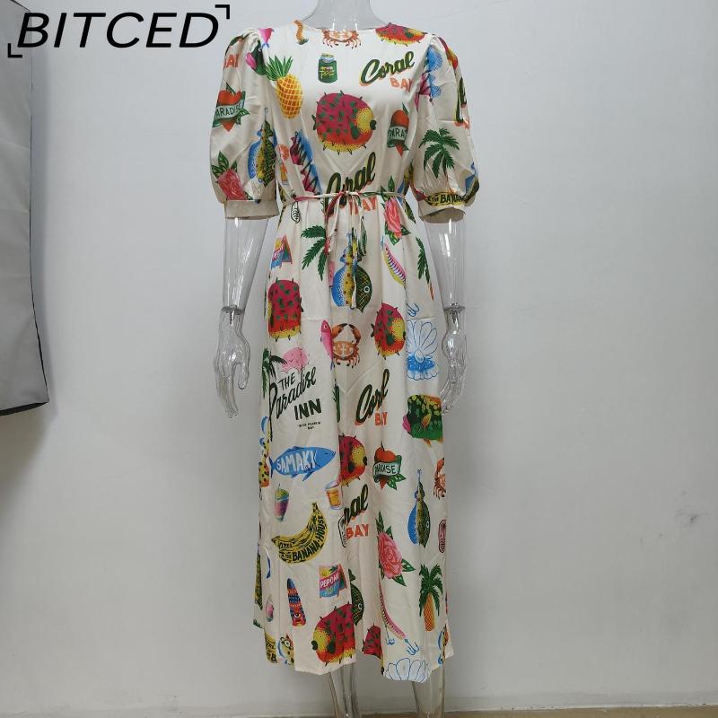 BITCED Spring Women's Printed Lantern Sleeve Fitted 1/2 Sleeves Full-Skirt Dress