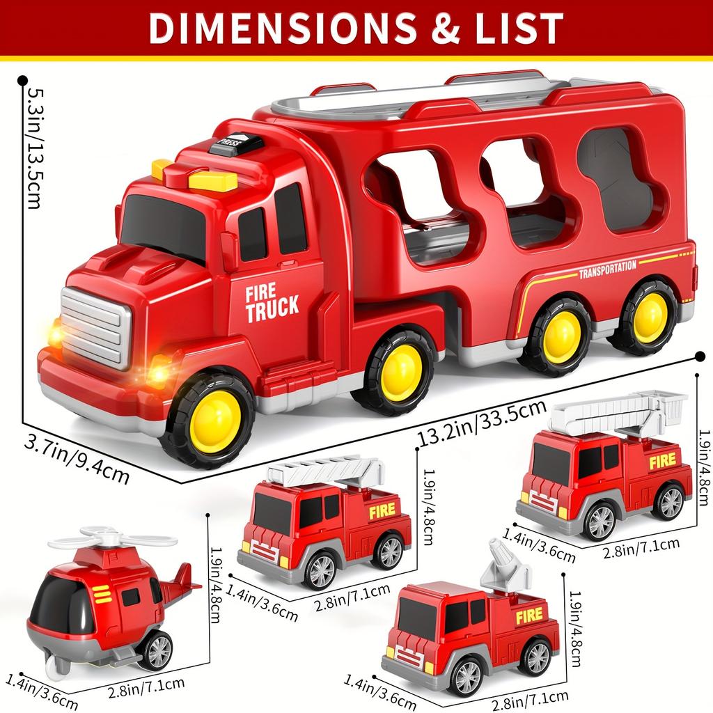5-in-1 Fire Trucks Toddler Fire Engine Toys For Boys Girls Carrier Truck Transport Cars Christmas Birthday Best Present