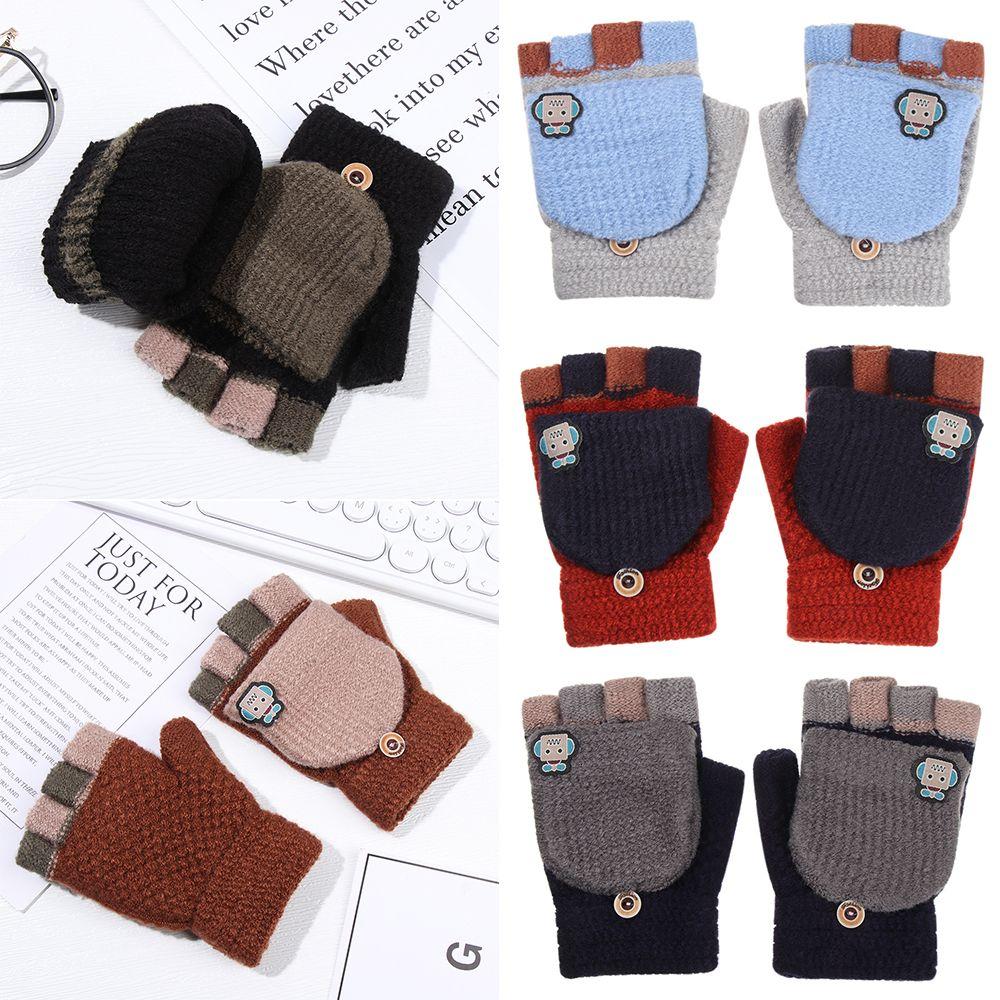 Children Flipped Cover Knitted Glove Winter Warm Mittens Half-finger Gloves Thickening Gloves