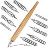 11 Pcs Dip Pen Set - Comic Pen Nib Set - Oblique Calligraphy - Stainless Steel Nibs with Wooden Holder - Replacement Nibs for Writing Painting