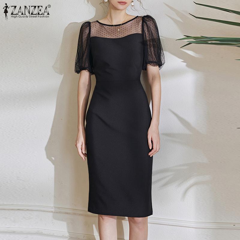 

ZANZEA Женское повседневное кружевное летнее тонкое платье с коротким рукавом и круглым вырезом