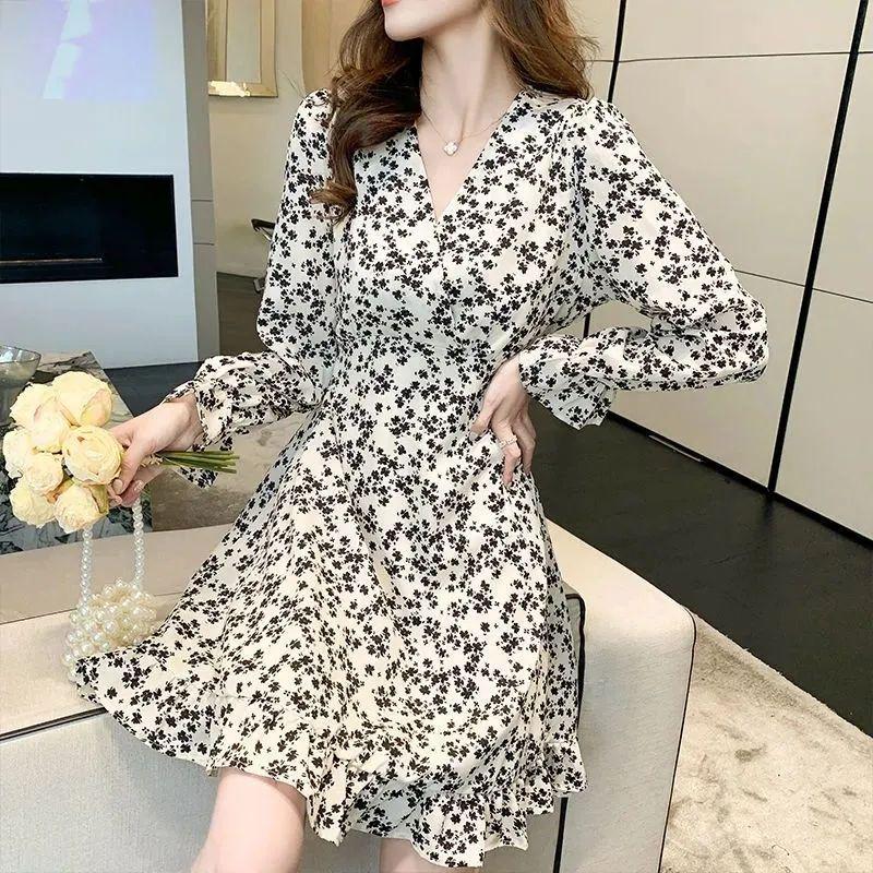Elegant Chiffon V-Neck Long Sleeve Dress, Slimming Waist, Mid-Length Skirt, Women's Spring/Autumn 2026 New Arrival