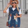 New Retro Geometric Denim Color Blocking Vest Jacket for Loose and Casual Women