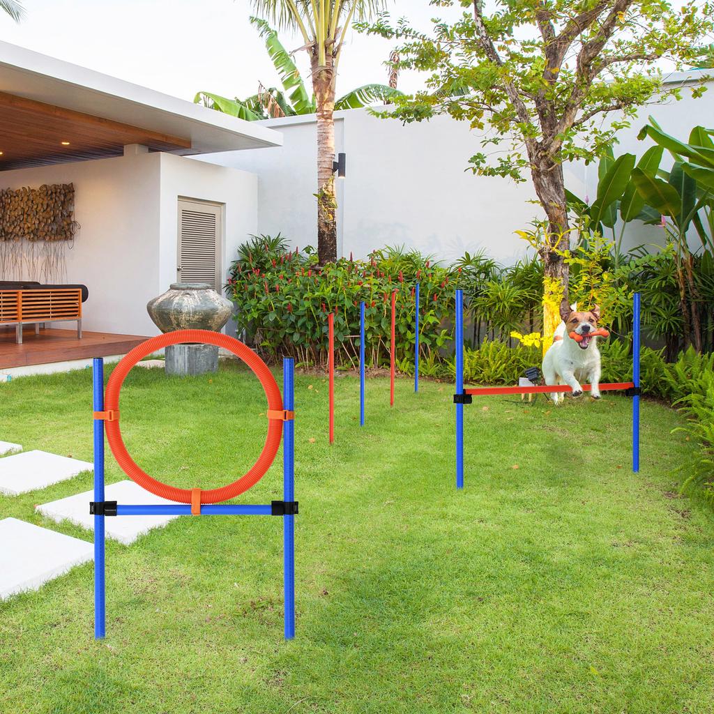 Dog Agility Training Equipment, Agility Exercise Set, Dog Agility Set, Slalom Hurdle Jump Ring for Dogs, 3-in-1 Dog Sports Training Course, Blue+Red