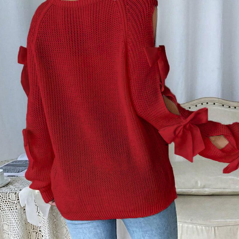 Damen Herbst Winter Pullover und Strickwaren Rundhals Schleife Langarm Strickpullover Tops