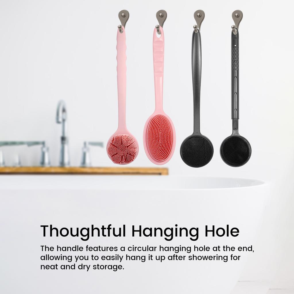 Duschbürste mit langem Griff aus Silikon, doppelseitig, weiche Borsten zum Peelen und Massieren des Rückens und Körpers, verschiedene Farboptionen