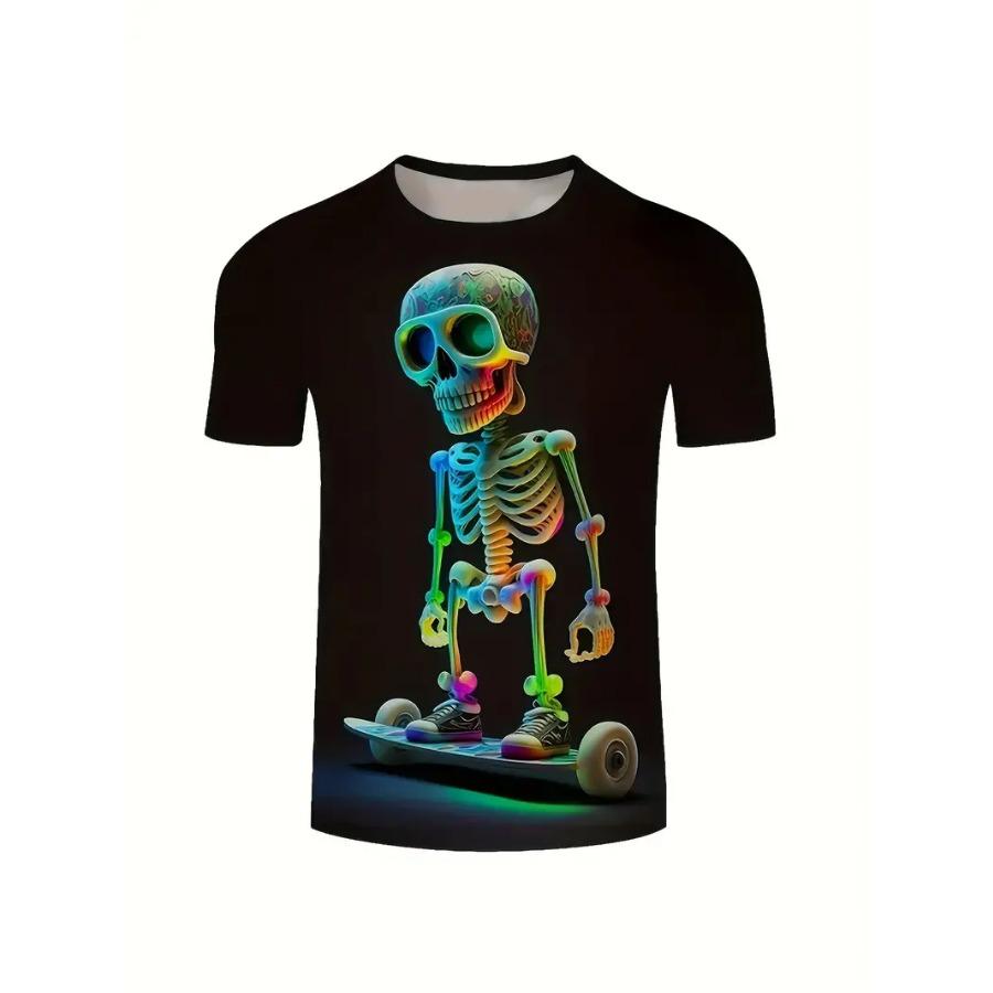 Mens Skull Print Crew Neck T-Shirt - Soft Slight Stretch Polyester Fabric, Machine Washable, Casual Short Sleeve Tee for Outdoor