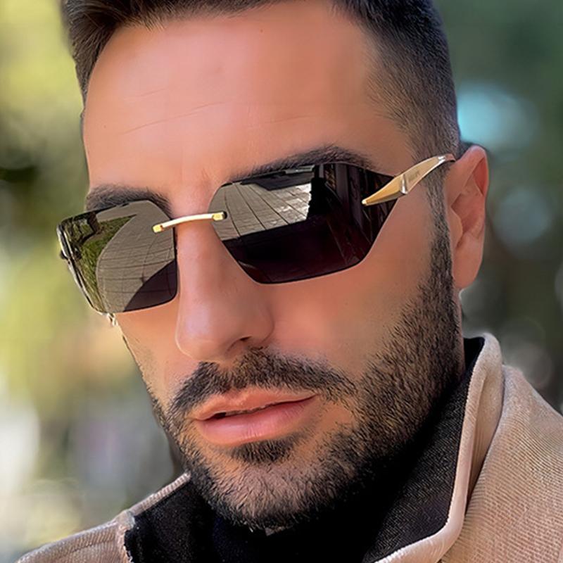 Fashion Rimless Sunglasses for Men Women Luxury Brand Curved Lens Summer Travel Rectangle Frameless Shades
