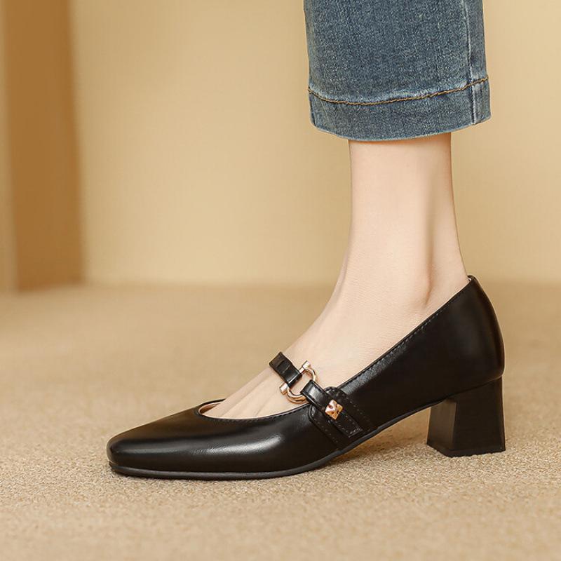 New casual mid-heel small leather shoes, black square heel low-top women's single shoes, women's shoes for all seasons, beef tendon soft sole squ