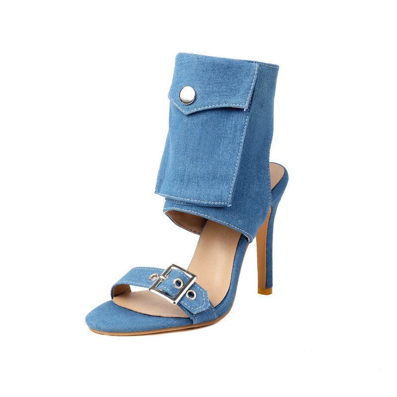 Jazz dance high heels fish mouth sandals denim fabric thin heel super high heel with pocket rear empty high heel women's sandals