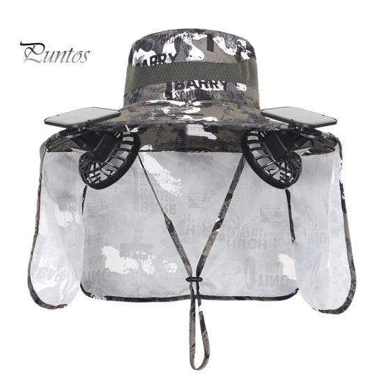 Solar Fan Hat with Neck Flap UPF 50+ UV Protection Hat with 2 Solar Fans Breathable Men Summer Outdoor Activities Fishing Wide Brim Bucket Cap
