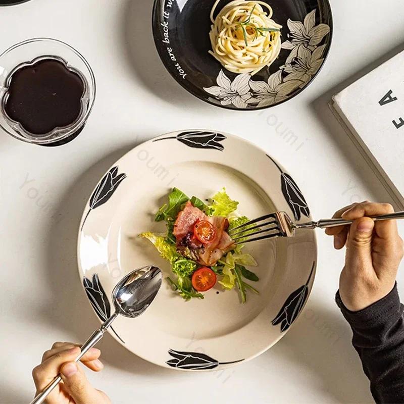 Retro Flowers Ceramic Plate Light Luxury Restaurant Steak Plate Afternoon Tea Dessert Fruit Plates Exquisite Black Tableware