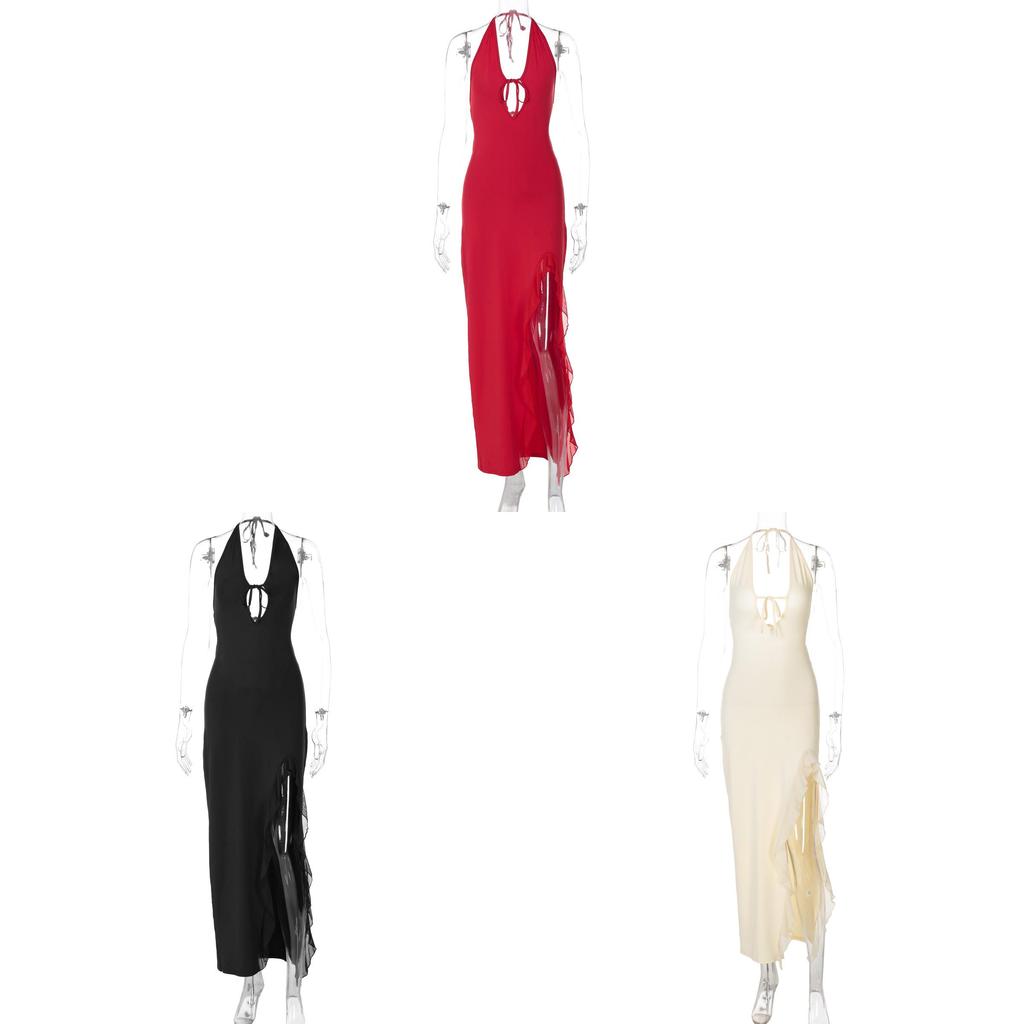 Vestito Sexy Scollo a V Schiena Scoperta per Donna con Bordi Arricciati e Vita Alta per la Primavera