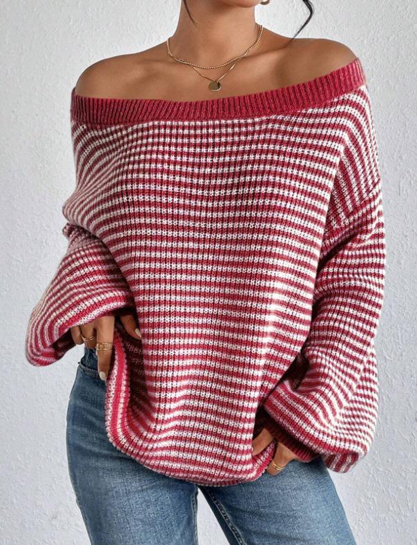 European and American Striped Lantern Sleeve Off-Shoulder Sweater for Women - Autumn/Winter