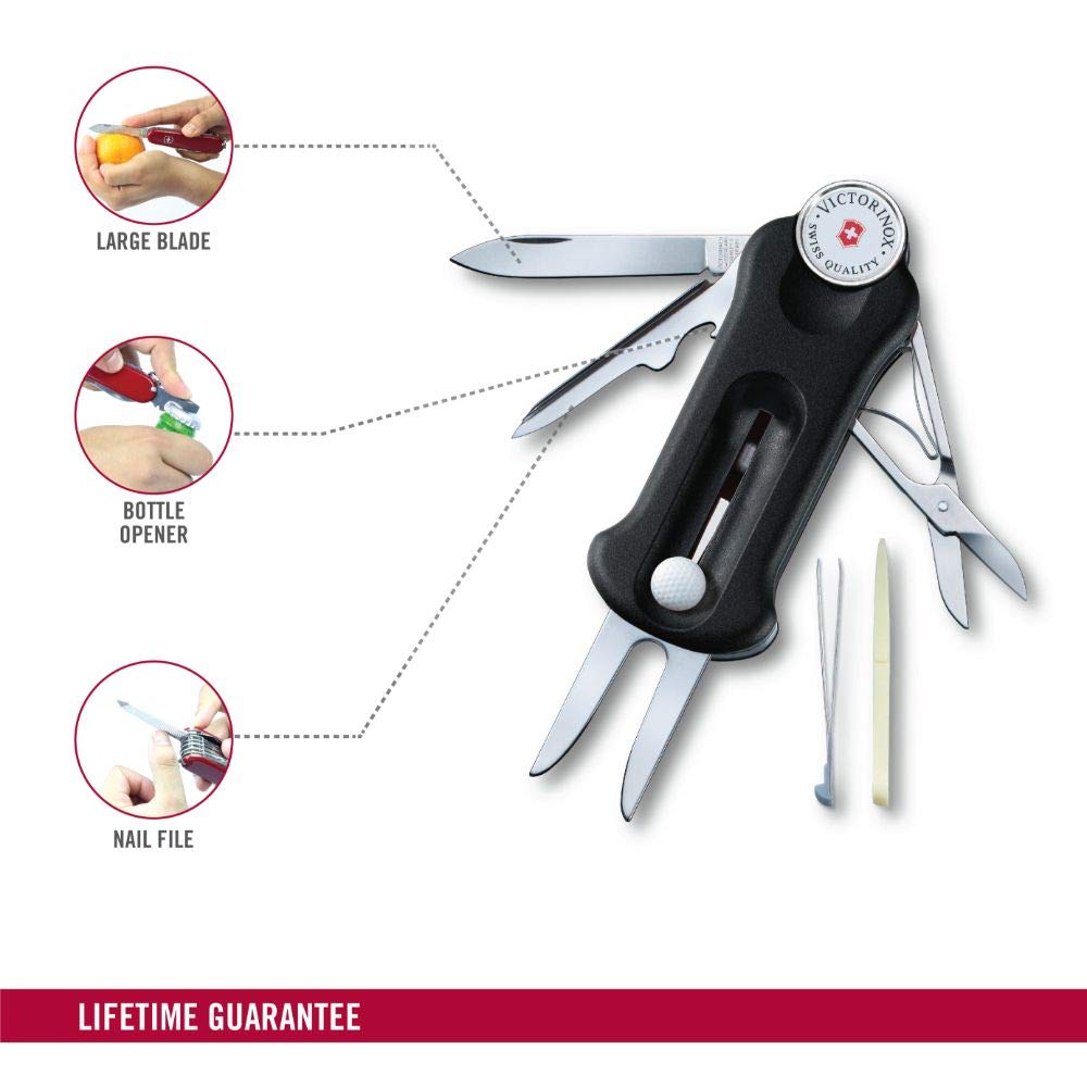 Victorinox Golf Negro Horquilla de Golf con Marcador y Reparador de Marcabolas Equipado con una Herramienta Deportiva de Bola Removible con 10 Funciones Herramienta, Herramienta, Marcador,
