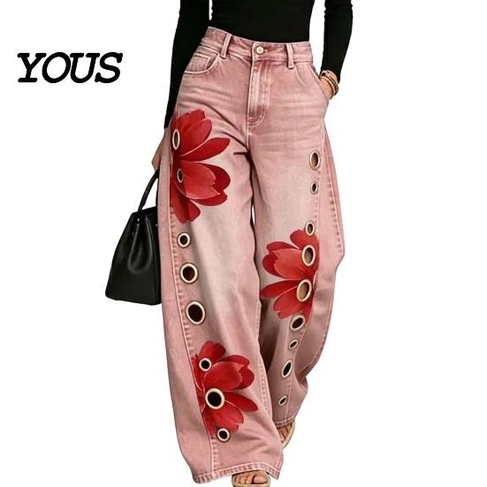 Loose Fit Faux Denim Trousers Women High Waisted Wide Leg Jeans, Vintage Floral Print Relaxed Trousers, Casual Pants with Pockets & Metal Eyelets
