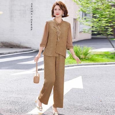 Chiffon Short Sleeve National Style Two-Piece Set for Middle-Aged Women