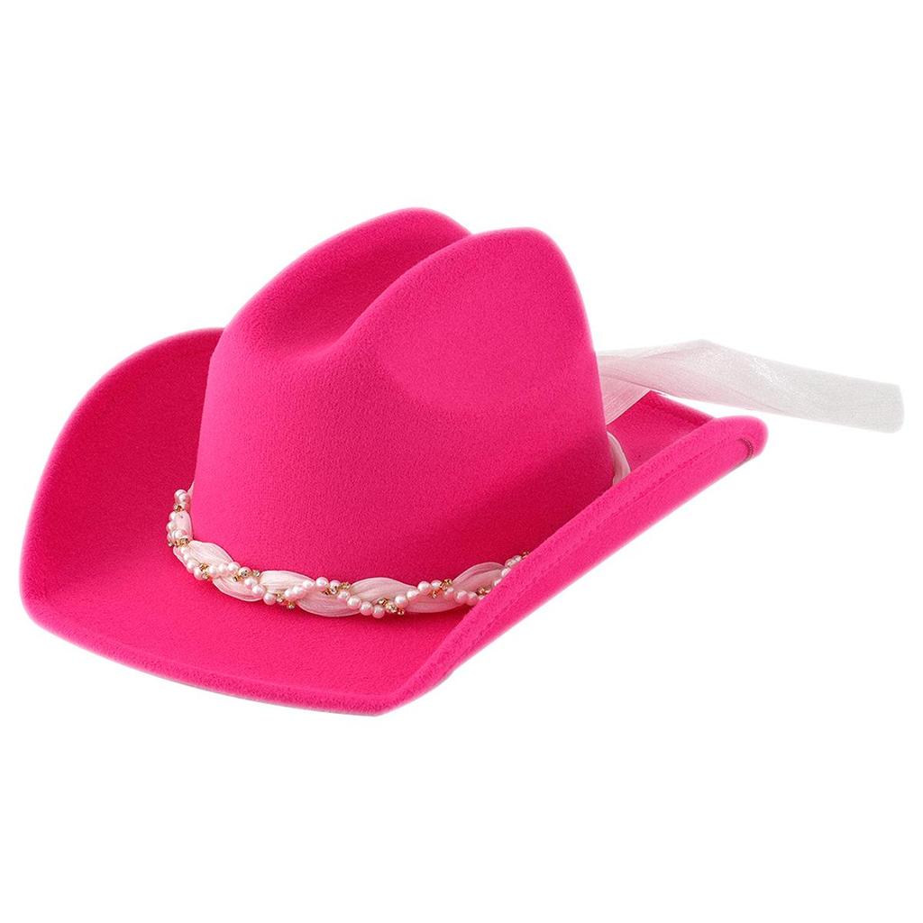 Women's Bridal Top Hat with Pearl & Gold Ribbon - Festival Cowboy Hat