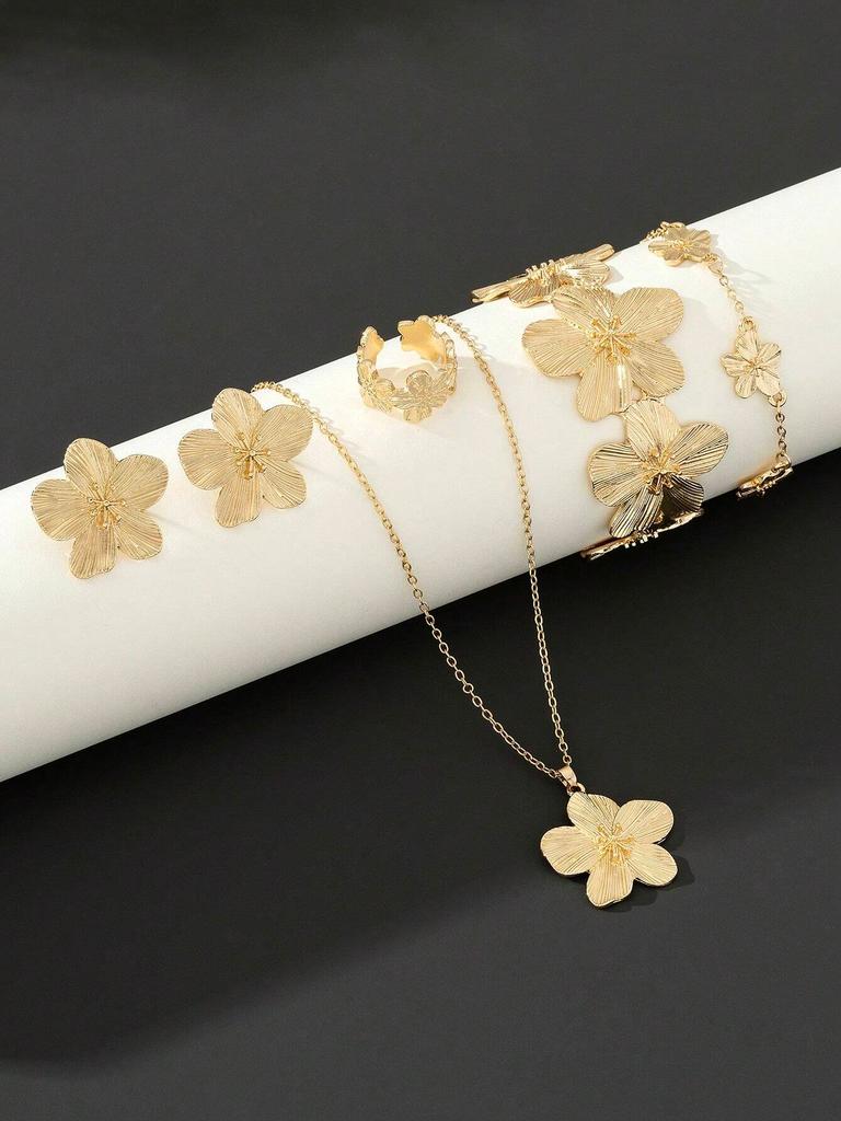 5/6PCS Women's W Jewelry Set Fashionable Casual Flower Necklace Bracelet Earrings Ring Set Suitable for Daily Wear and As Gifts