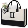 A-Z Letter Canvas Tote Bag Women Large Capacity Shoulder Handbag Contrast Color Thick Fabric Reusable Shopping Bag